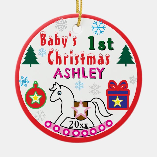 Ornamento De Cerâmica Girl First Christmas PHOTO White Horse  (Frente)