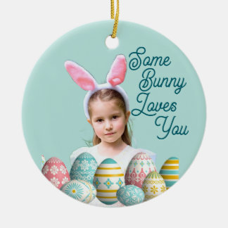 Ornamento De Cerâmica Girl Photo Bunny Ears Cute Blue