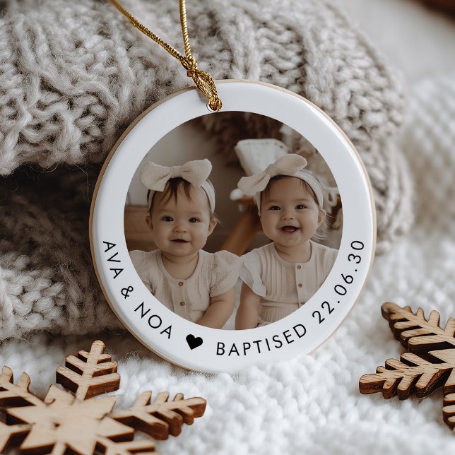 Ornamento De Cerâmica Girl Twins Baptism Photo Keepsake (Zazzle Girl Twins Baptism Photo Keepsake Ceramic Ornament)