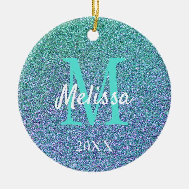 Ornamento De Cerâmica Girly Chic Teal Blue Glitter Sparkle Monogram (Frente)
