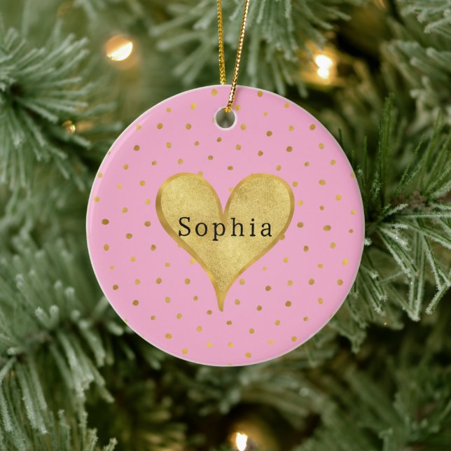 Ornamento De Cerâmica Girly Pink Gold Dots Heart Christmas (Árvore)