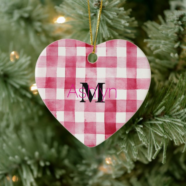 Ornamento De Cerâmica Girly Pink White Plaid Stripes Monogram Christmas (Árvore)
