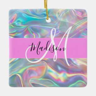 Ornamento De Cerâmica Girly Rainbow Holographic Nome do Monograma Irides