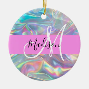 Ornamento De Cerâmica Girly Rainbow Holographic Nome do Monograma Irides