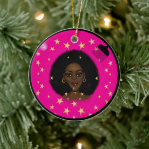 Ornamento De Cerâmica Glam Black Woman Afro Hair pic batom rosa