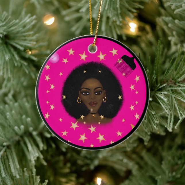 Ornamento De Cerâmica Glam Black Woman Afro Hair pic batom rosa (Árvore)