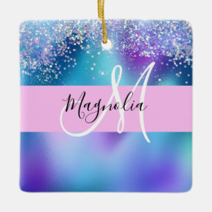 Ornamento De Cerâmica Glam Holográfico Sereia Brilho Faísca Monograma