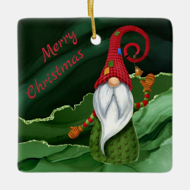 Ornamento De Cerâmica Glam Russo Gnomo Vermelho e Gemstone Verde (Frente)