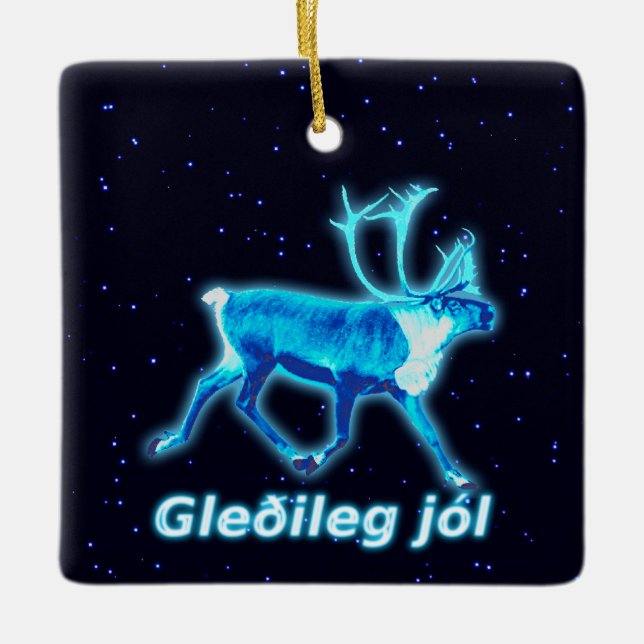 Ornamento De Cerâmica Gleðileg Jól - Azul das Caraíbas (Reindeer) (Frente)