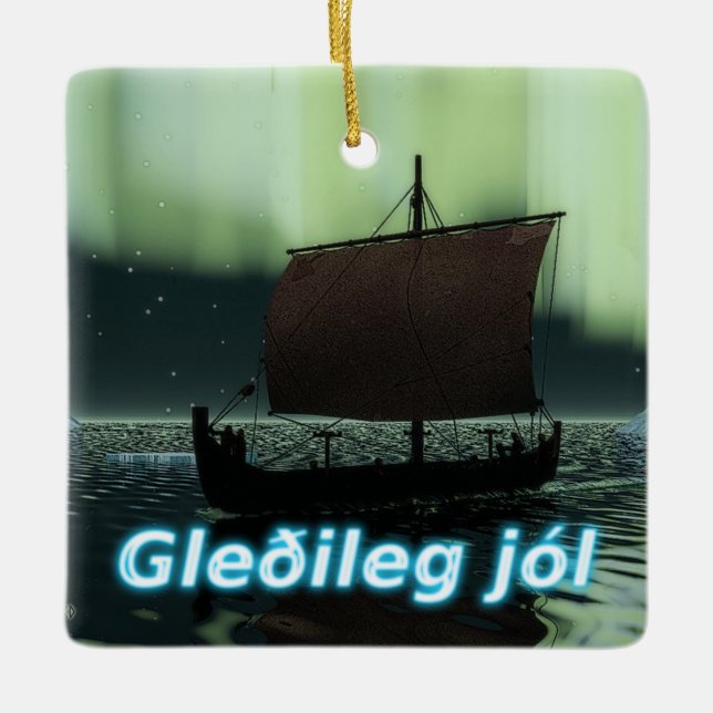 Ornamento De Cerâmica Gleðileg Jól - Navio Viking (Frente)