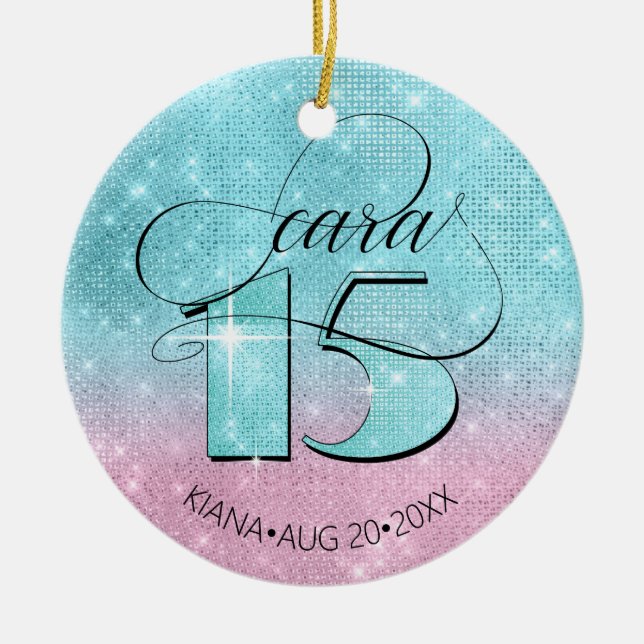 Ornamento De Cerâmica Glitter and Shine Quinceanera Teal/Pink ID701 (Frente)