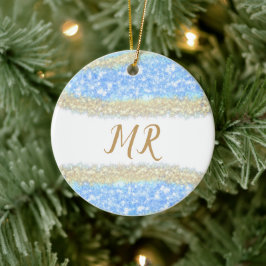 Ornamento De Cerâmica glitter dourado azul glitter glitter nome monogram