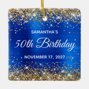 Ornamento De Cerâmica Glitter Dourado Folha de Ouro Azul Real 50º Aniver