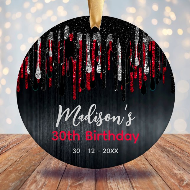Ornamento De Cerâmica Glitter preto vermelho chic pinga em qualquer idad (Criador carregado)