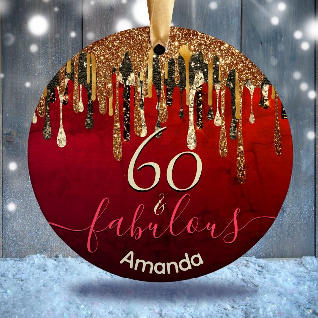 Ornamento De Cerâmica Glitter preto vermelho-vermelho-chic goteja em qua (Criador carregado)