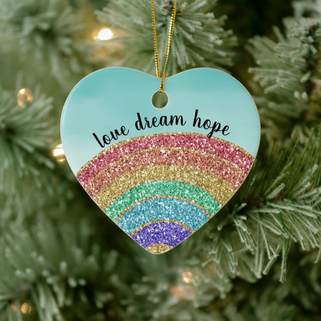 Ornamento De Cerâmica Glitter Rainbow Love Dream Hope Personalizado (Árvore)