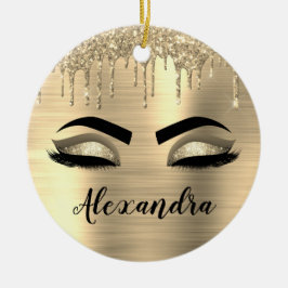 Ornamento De Cerâmica Glitter Sparkle Eyelashes Dourado Nome do Monogram