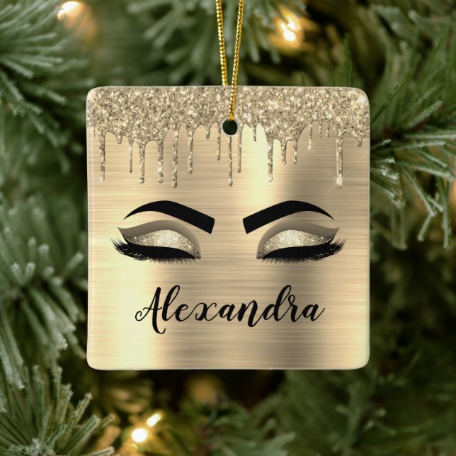 Ornamento De Cerâmica Glitter Sparkle Eyelashes Dourado Nome do Monogram (Árvore)
