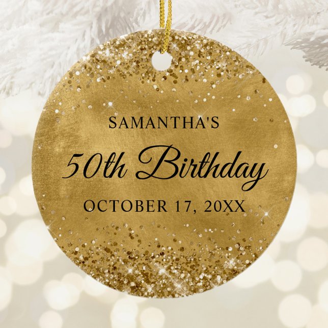 Ornamento De Cerâmica Glittery Dourado 50º aniversário (Glittery Gold Foil Birthday Photo Ceramic Ornament)