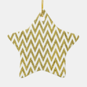 Ornamento De Cerâmica Glittery Dourado and White Chevron Stripes