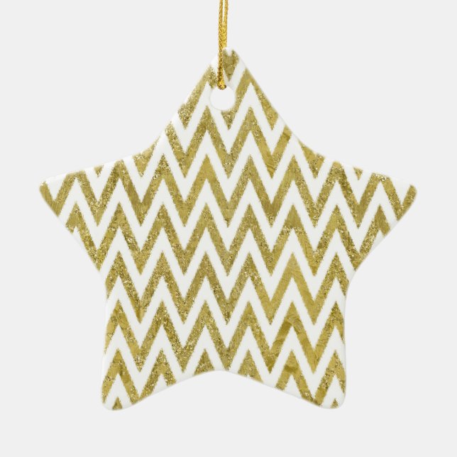 Ornamento De Cerâmica Glittery Dourado and White Chevron Stripes (Frente)