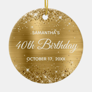 Ornamento De Cerâmica Glittery Dourado Folha 40º Aniversário