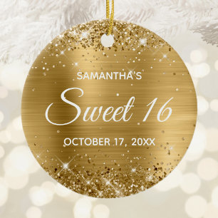 Ornamento De Cerâmica Glittery Dourado Folha Doce 16 Aniversário