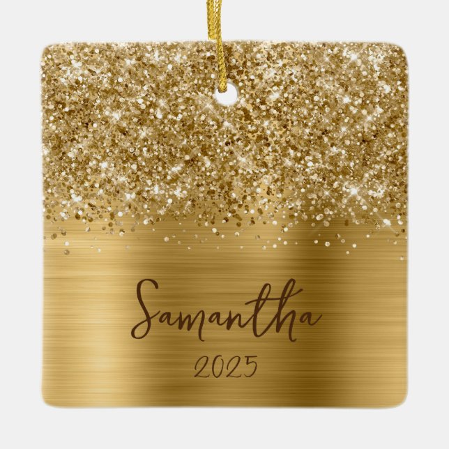 Ornamento De Cerâmica Glittery Gold Glam Name Photo (Frente)