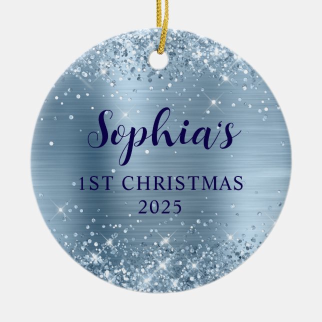 Ornamento De Cerâmica Glittery Light Blue Foil 1st Christmas Photo (Frente)