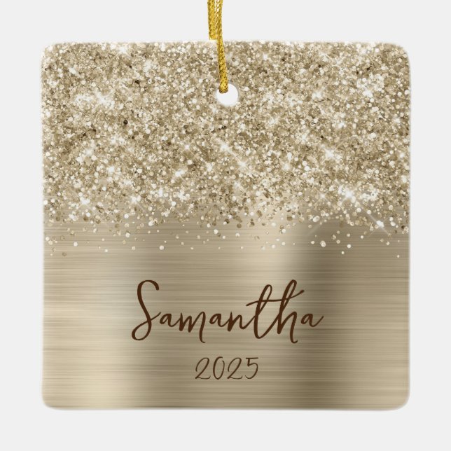 Ornamento De Cerâmica Glittery Pale Gold Glam Name Photo (Frente)