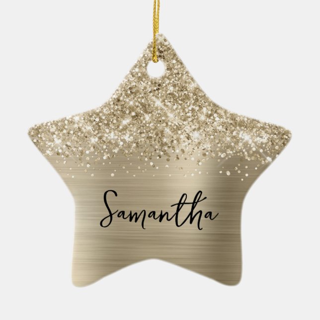 Ornamento De Cerâmica Glittery Pale Gold Glam Name Star (Frente)