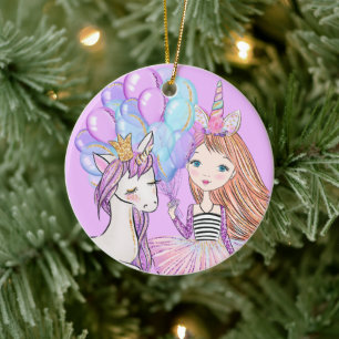 Ornamento De Cerâmica Glittery Pink Unicorn Girls Birthday Cerâmica Orn
