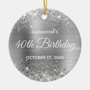 Ornamento De Cerâmica Glittery Prata Folha 40º Aniversário