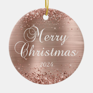 Ornamento De Cerâmica Glittery Rose Gold Feliz Natal Foto da Família