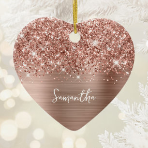Ornamento De Cerâmica Glittery Rose Gold Glam Nome Foto