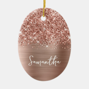 Ornamento De Cerâmica Glittery Rose Gold Glam Nome Foto Oval