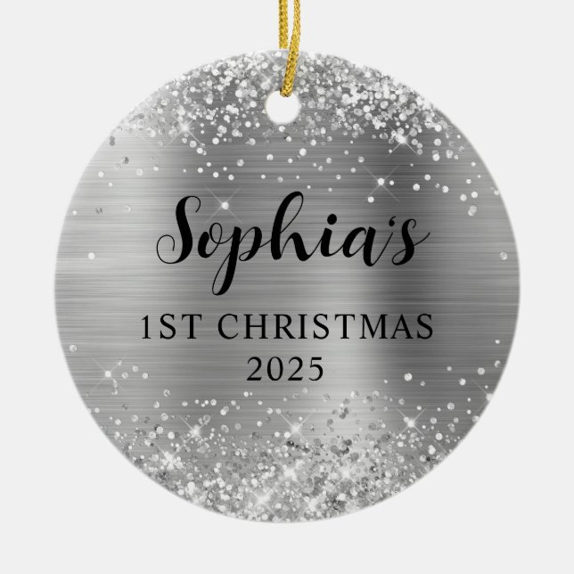 Ornamento De Cerâmica Glittery Silver Foil 1st Christmas Photo (Frente)