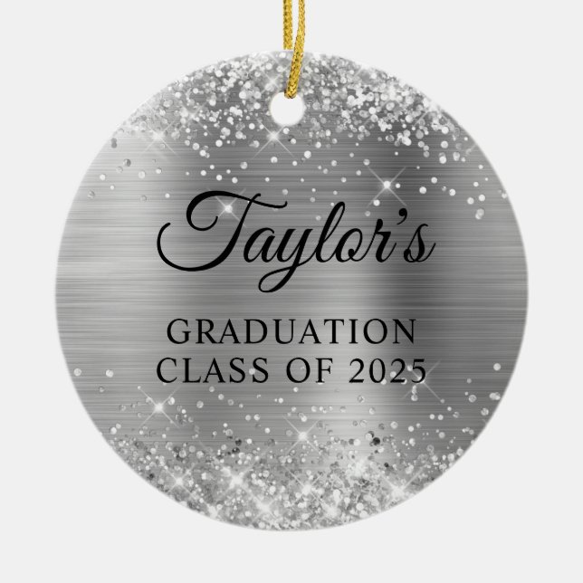 Ornamento De Cerâmica Glittery Silver Foil Graduation (Frente)