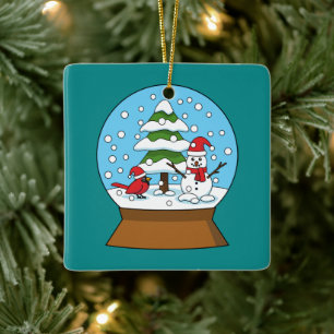 Ornamento De Cerâmica Globo de Neve com Cardeal Snowman e Pine Tree