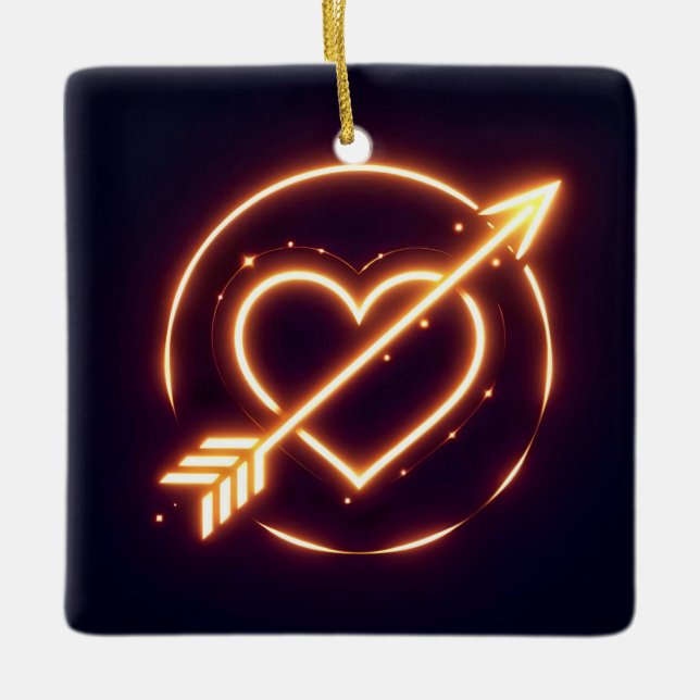 Ornamento De Cerâmica glowing image of a heart with cupid's arrow (Frente)