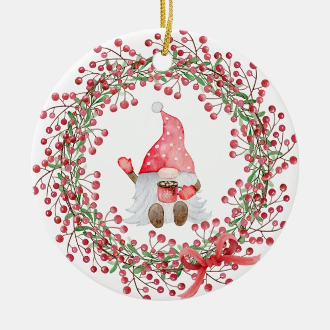 Ornamento De Cerâmica Gnome Berry Wreath (Frente)