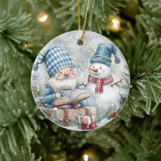 Ornamento De Cerâmica Gnome de Natal Azul