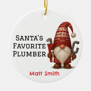 Ornamento De Cerâmica Gnome personalizado encanador/Natal do Handyman