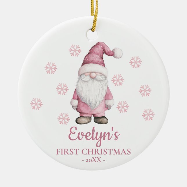 Ornamento De Cerâmica Gnome Personalized Girl's First Christmas (Frente)