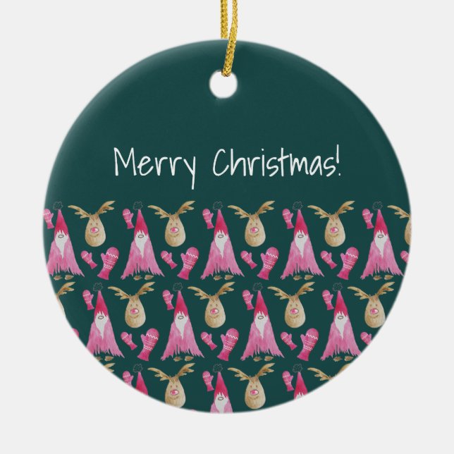 Ornamento De Cerâmica Gnomo Bonito E Rena Com Luva Rosa (Frente)