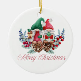 Ornamento De Cerâmica Gnomo Feliz Natal vestido para o Natal em um