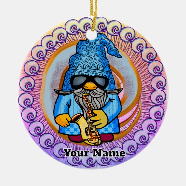 Ornamento De Cerâmica gnomo tocando saxofone (Frente)