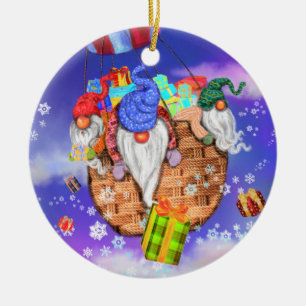 Ornamento De Cerâmica Gnomos Voando Balão e Dão Presentes de Natal