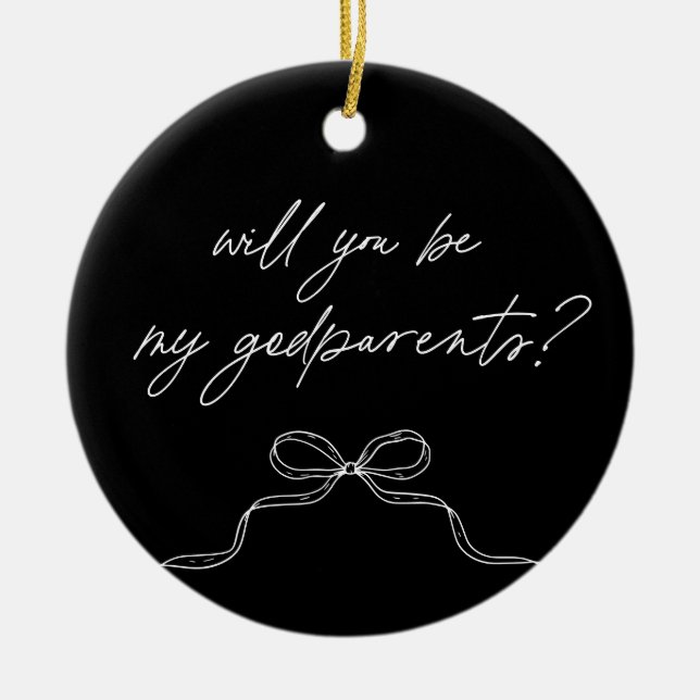 Ornamento De Cerâmica Godparents Black Handwritten Bow Proposal (Frente)