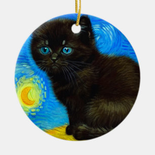Ornamento De Cerâmica Gogh Style Starry Night Cat